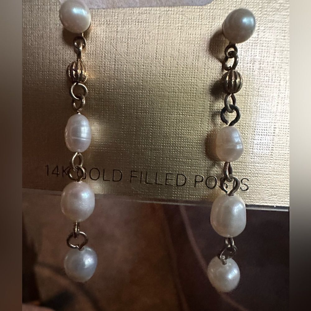 NWT MONET 14K Gold filled Post dangle fresh water pearls shell and Gold earrings